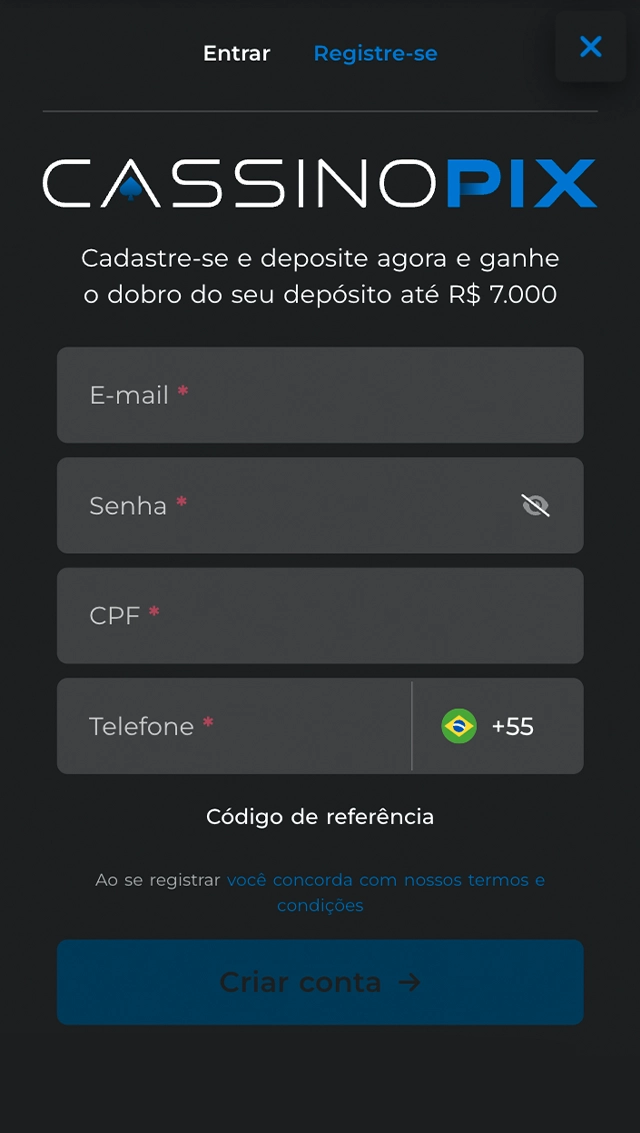 Crie uma conta pessoal com o Cassino Pix.