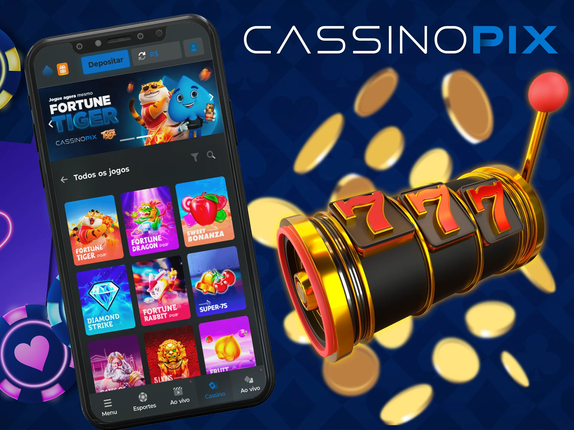 Jogue caça-níqueis no aplicativo móvel Cassino Pix.