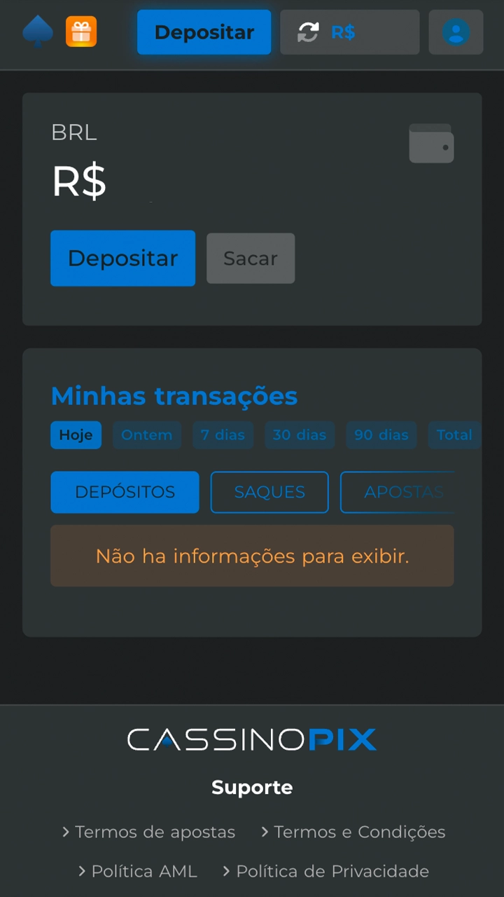 Clique no botão no canto da tela para abrir a carteira Cassino Pix.