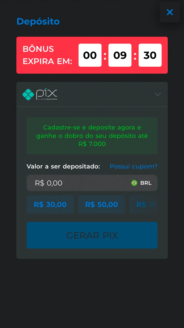Selecione o sistema Pix e aguarde até que os detalhes apareçam no Cassino Pix.