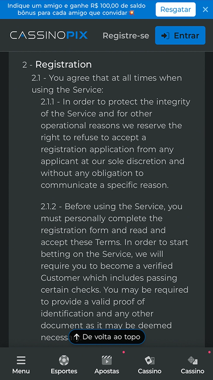Familiarize-se com as regras de registro do Cassino Pix.