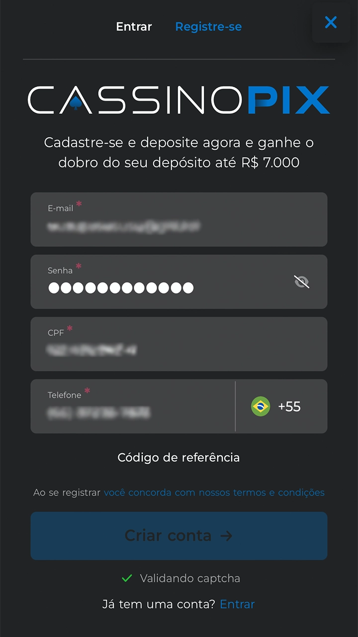Preencha todos os campos em branco para se registrar no Cassino Pix.