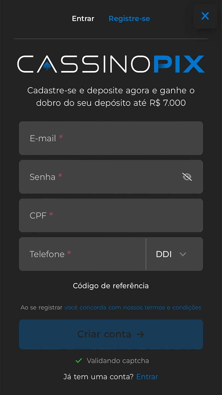 Abra o formulário de registro da conta Cassino Pix.